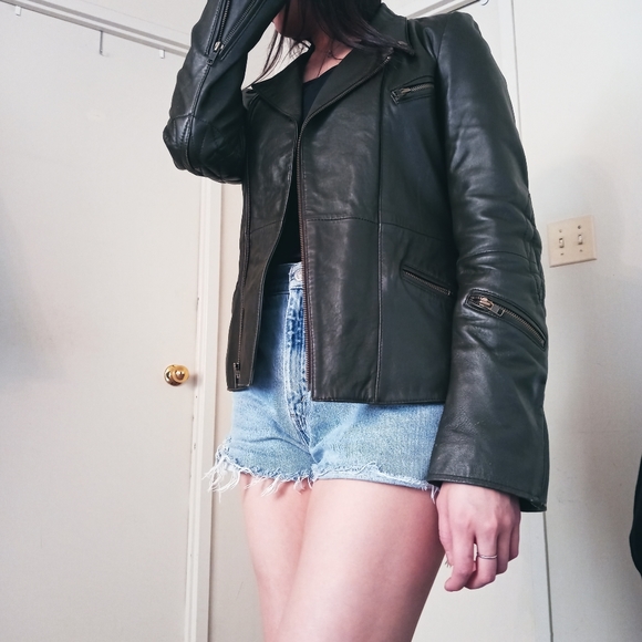 Leather Moto Jacket, Dark Green - Picture 3 of 8